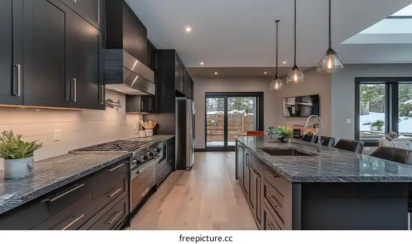 Modern Kitchen with Dark Cabinets and Granite Countertop