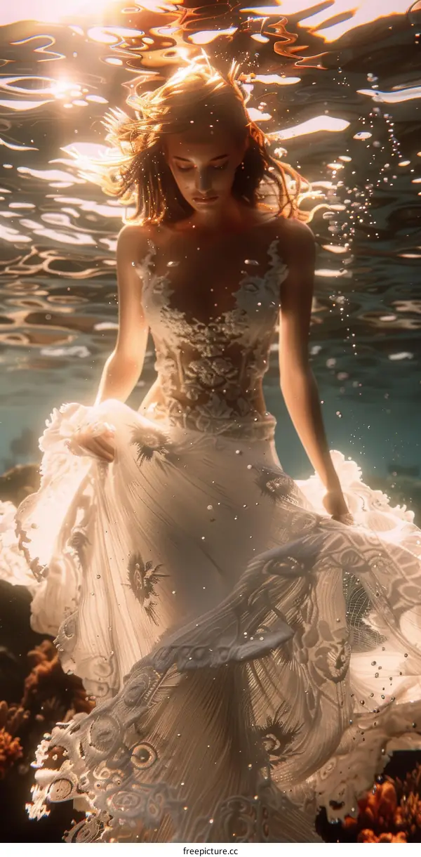 An ethereal underwater wedding dress photoshoot of a woman in a white dress