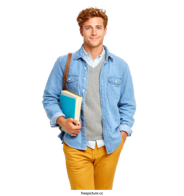 [Transparent Background PNG]Happy Caucasian Student Holding Books
