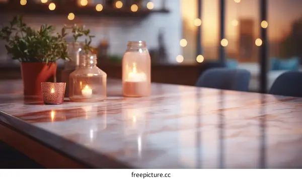 Marble Tabletop with Candles and Greenery