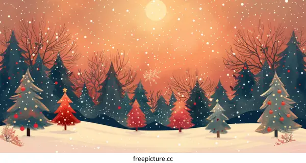 Snowy Christmas Forest with Decorated Trees