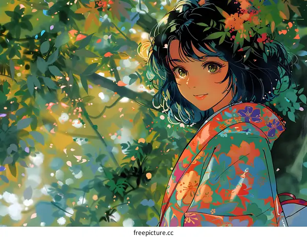 Anime Girl in Floral Kimono Standing in a Garden