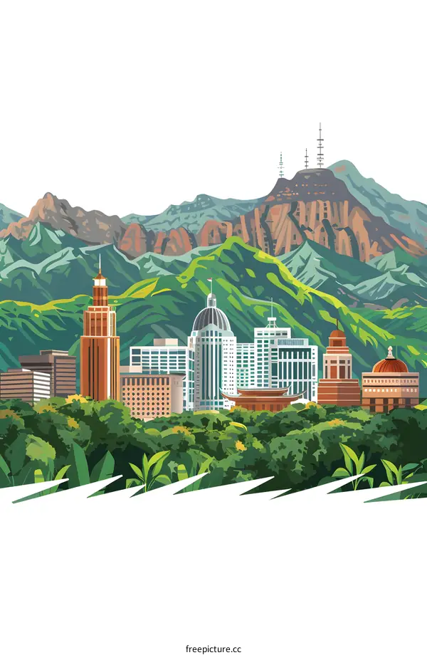 Cityscape with Mountain Background Illustration