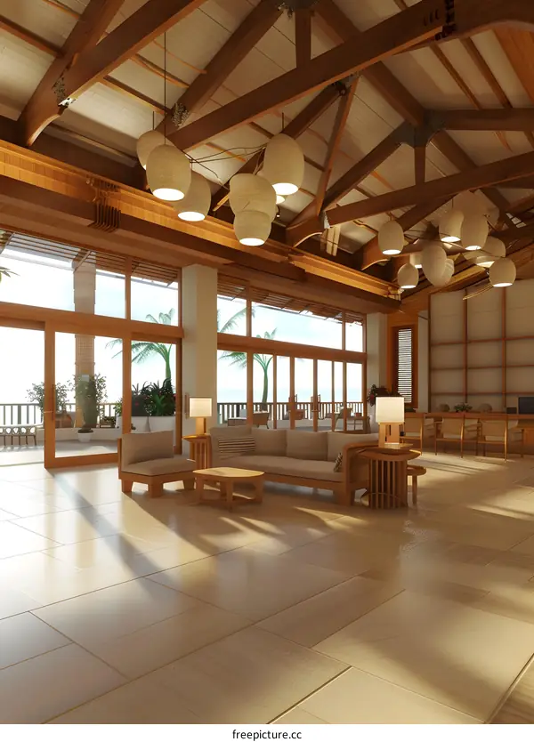 Modern Tropical Resort Lobby Interior Design with Wooden Beams and Natural Light