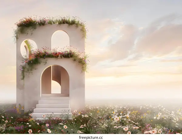 Minimalist Architecture Design with Flower Garden and Arches