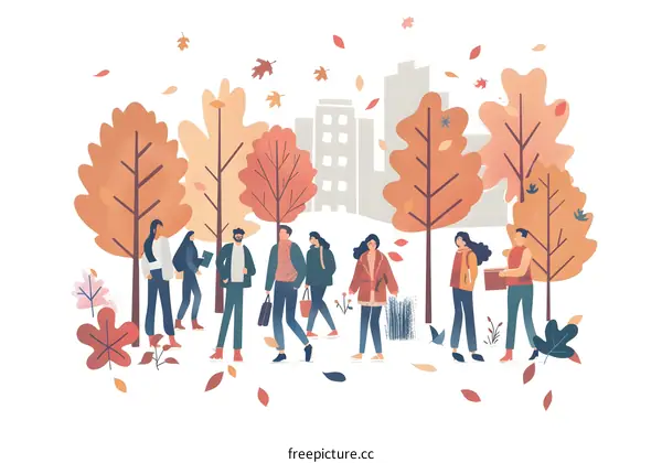 Autumn Leaves Falling on a Group of People Walking Through a Park