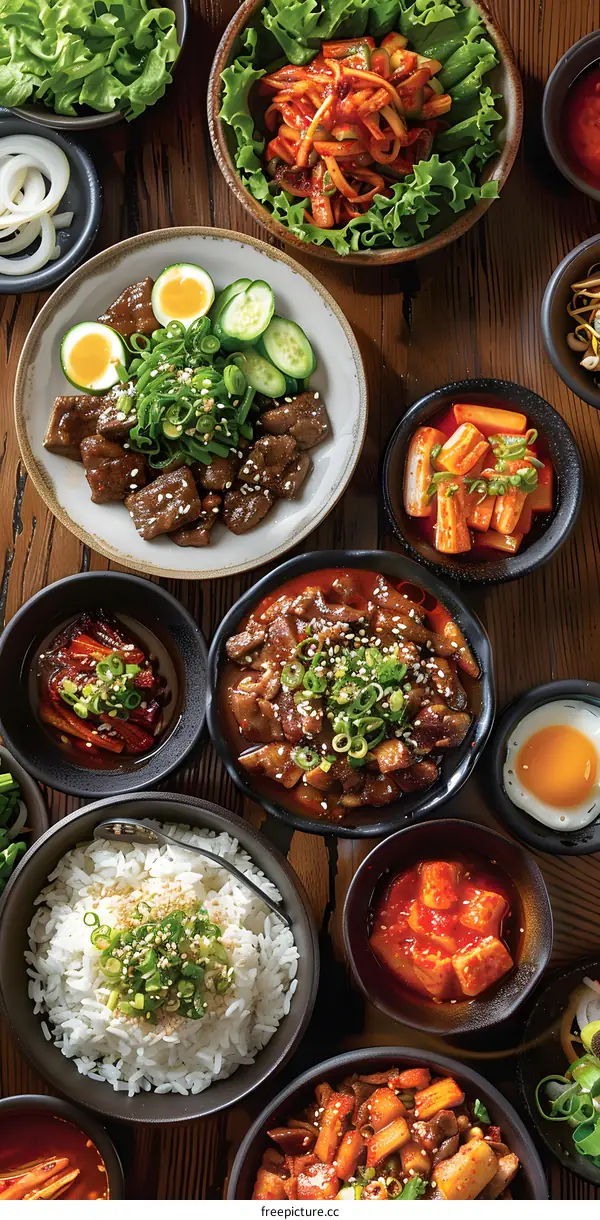 A variety of Korean food is arranged on a wooden table.