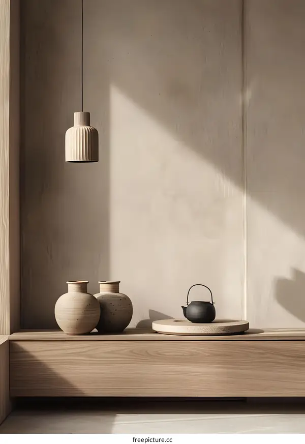 Minimalist Home Interior Design with Wooden Wall and a Black Teapot