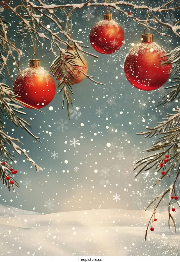 Christmas ornaments hanging from snow-covered pine branches