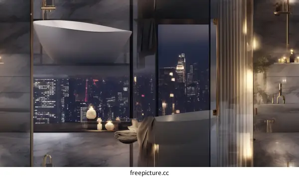 Luxury Bathroom with City Skyline View