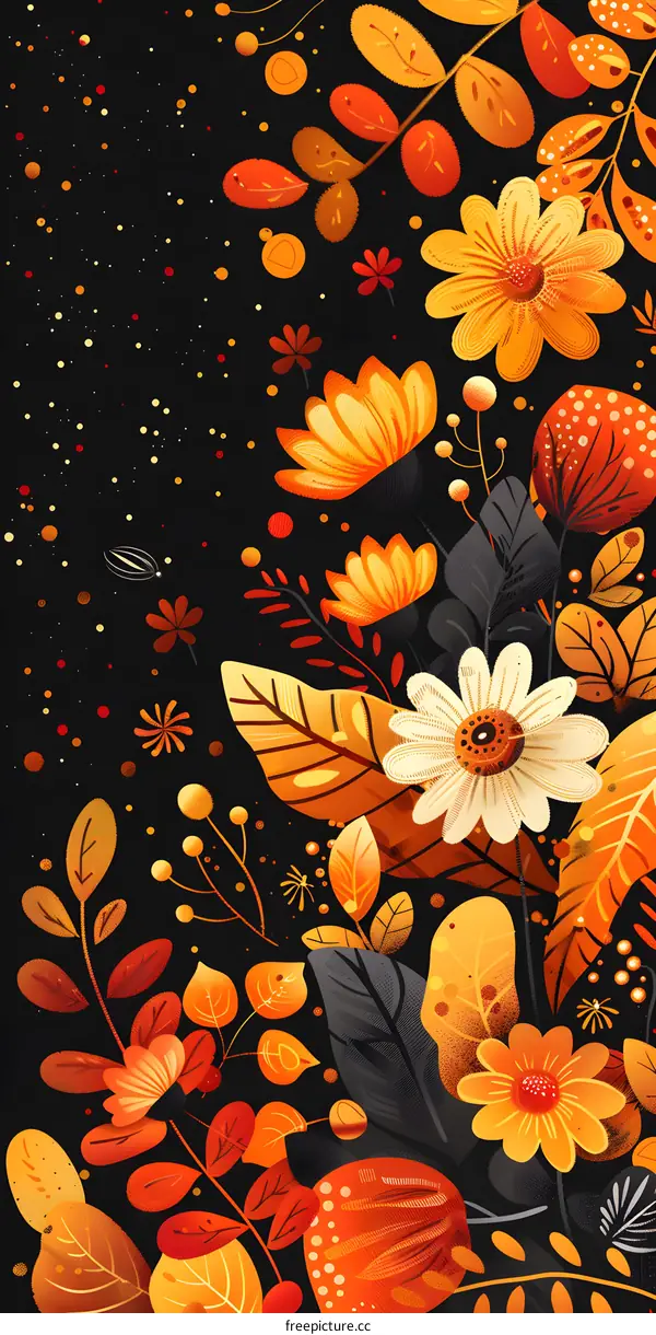 Black Background with Orange and Yellow Flowers