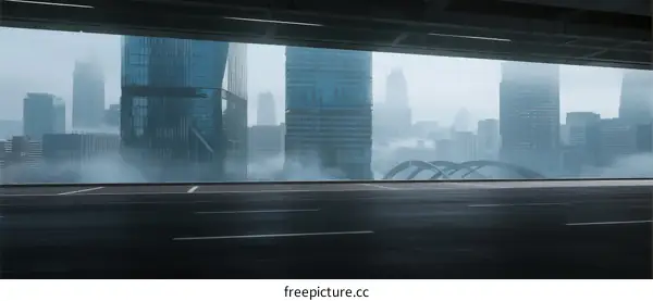 Modern cityscape with tall buildings and misty atmosphere