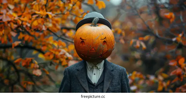 Man with pumpkin head in a suit standing in a fall forest