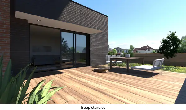 Modern Home Exterior Design with Wooden Deck and Glass Sliding Doors