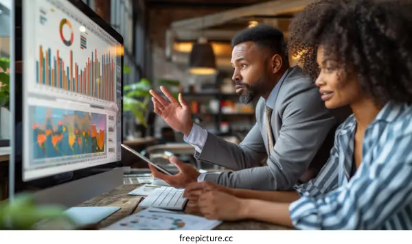 Business partners discussing financial data and statistics on computer screen in modern office space