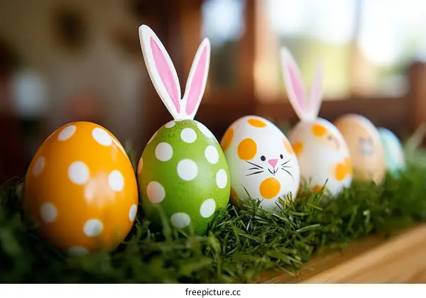 Easter Eggs Decorated with Bunny Ears and Dots