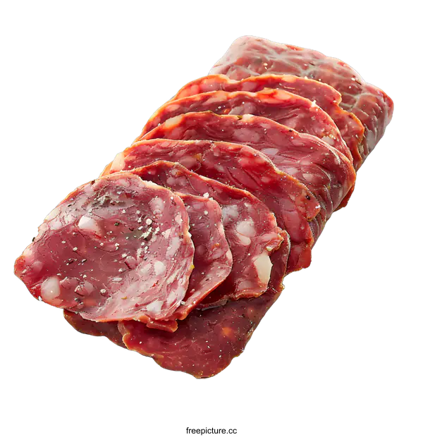 [Transparent Background PNG]Sliced dried cured meat salami slices isolated on white