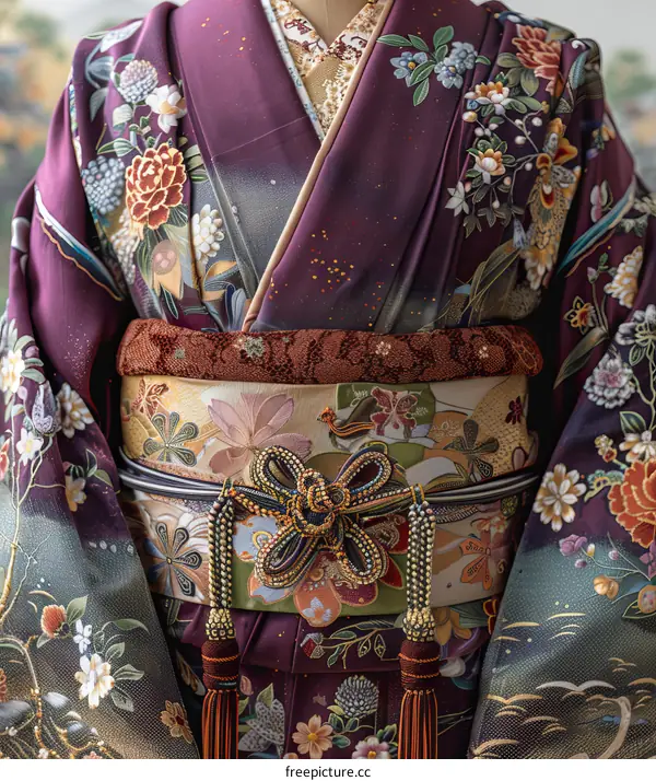 Close up of a woman wearing a purple kimono with floral patterns and an obi with a butterfly-shaped ornament