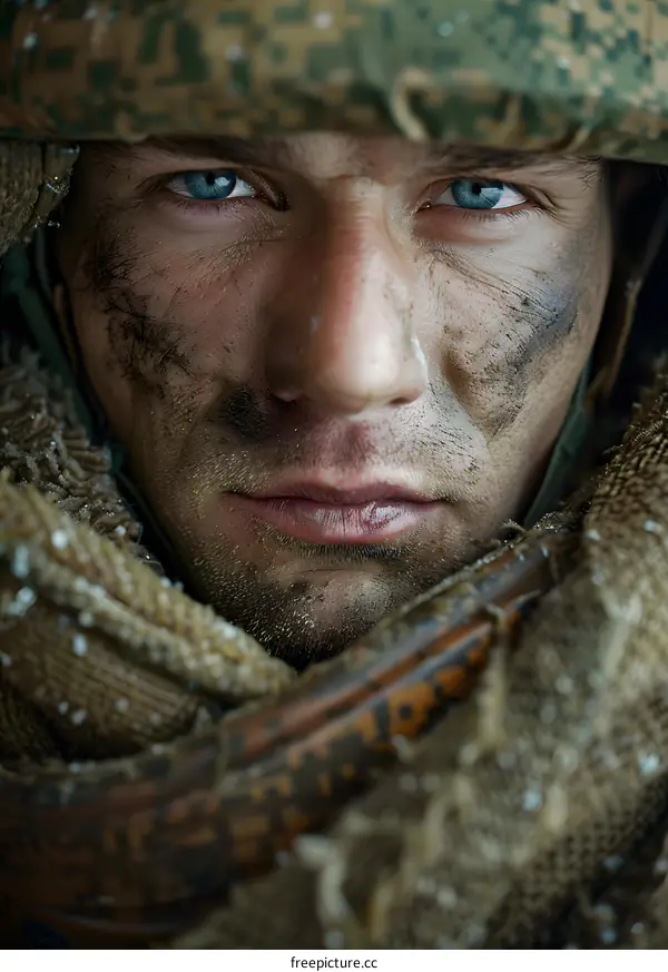 Portrait of a soldier wearing a ghillie suit