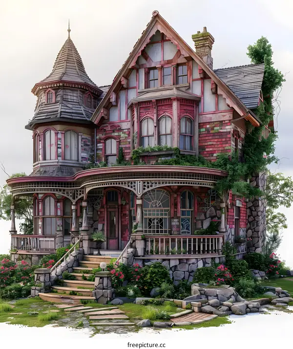 Vintage Victorian Style Mansion With Red Brick And Stone
