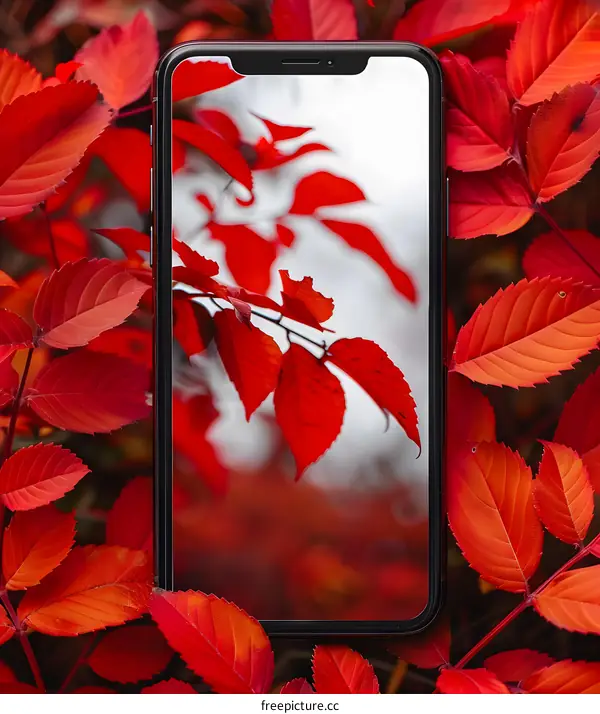 Red Leaves in a Phone Screen