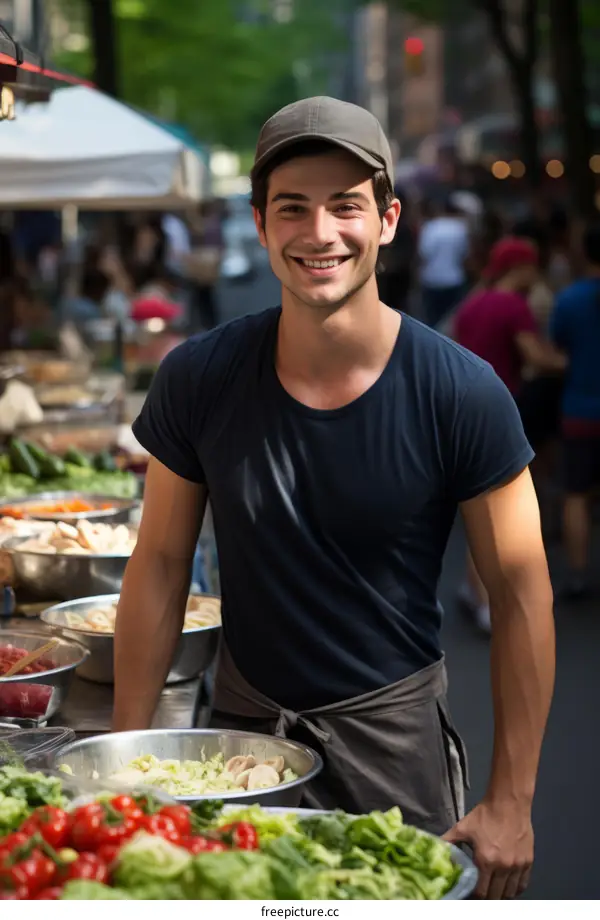 Portrait of a happy young man selling vegetables at a farmer's market