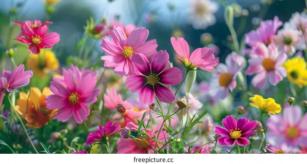 Closeup of Pink and Yellow Flowers in a Garden