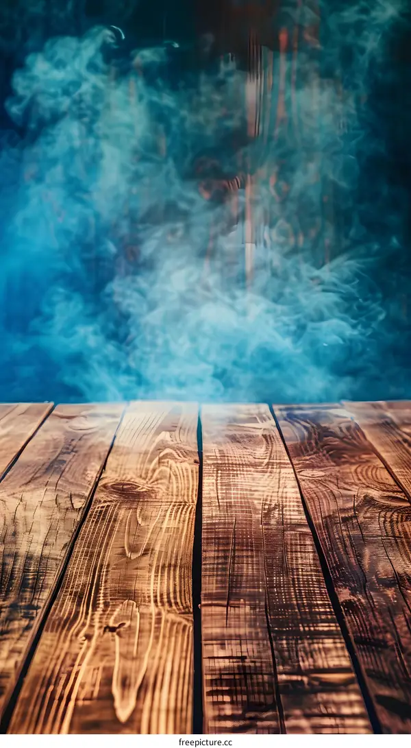 Wooden Tabletop With Blue Smoke In The Background