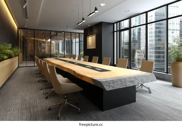 Modern Conference Room with Large Wooden Table
