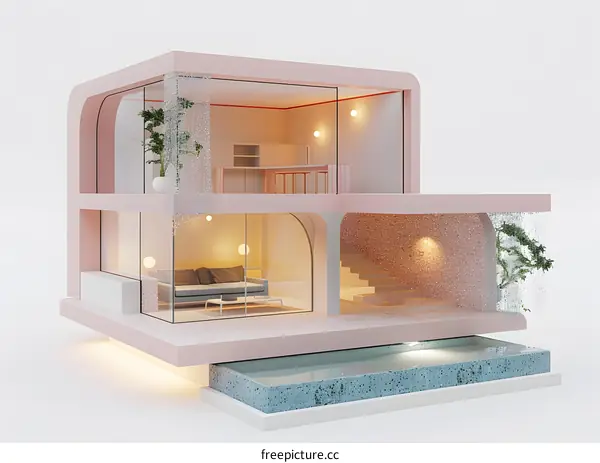 Modern house with pool and waterfall