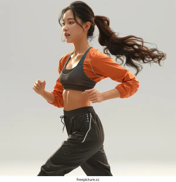 A young Asian woman in a ponytail running in a sports bra and pants