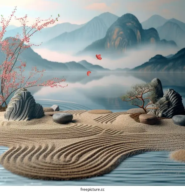 Tranquil Zen Garden with Mountain Lake and Blossoming Sakura Tree