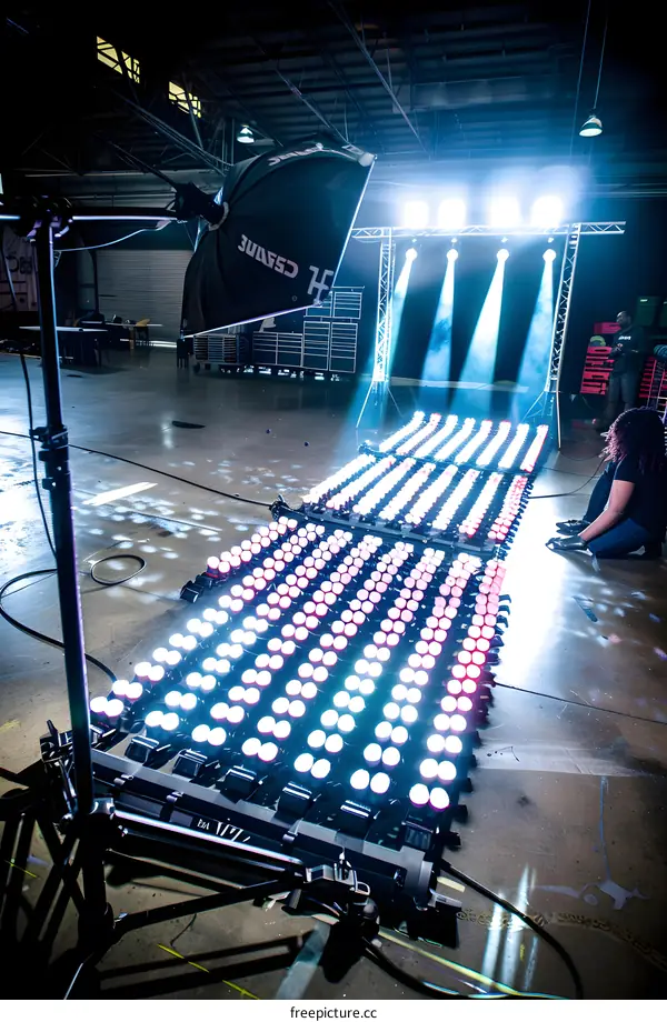 LED Lights On A Stage Setup With Two People Working