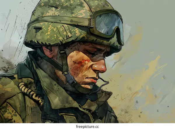 A soldier wearing a camouflage helmet and goggles looks down in sadness.