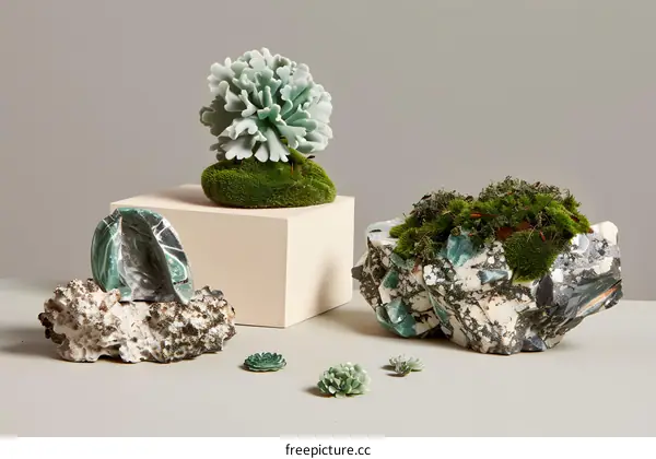 Decorative Green Plants on Rock and Moss
