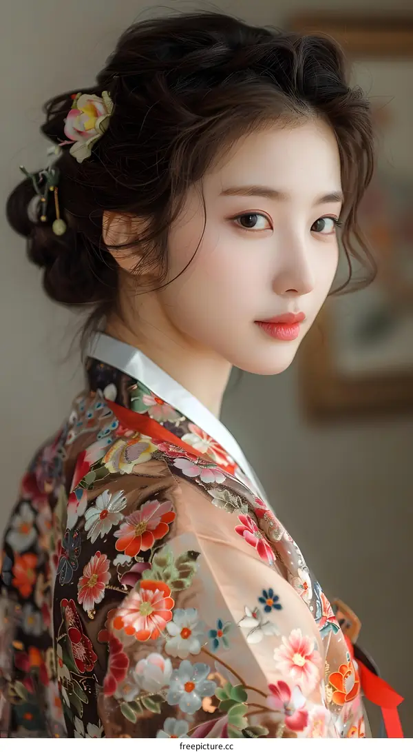 Portrait of a beautiful Asian woman in traditional Korean dress, or Hanbok