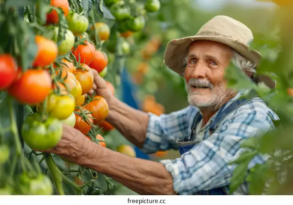 Senior male farmer checking tomato plants in greenhouse