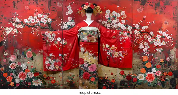 A woman wearing a red kimono with floral patterns standing in front of a red background.