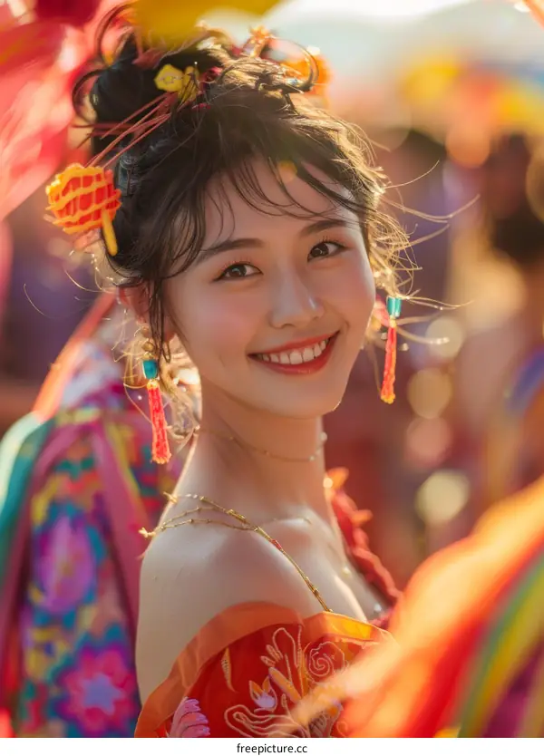 Portrait of a beautiful smiling Chinese woman in traditional clothing