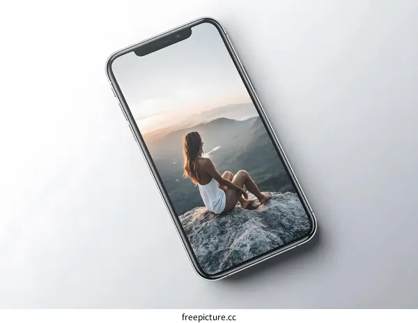 Woman Sitting on a Mountain Cliff with Phone in the Background