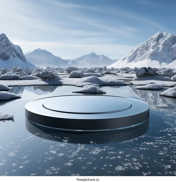 3D rendering of a metal disk on a frozen lake with snow capped mountains in the background