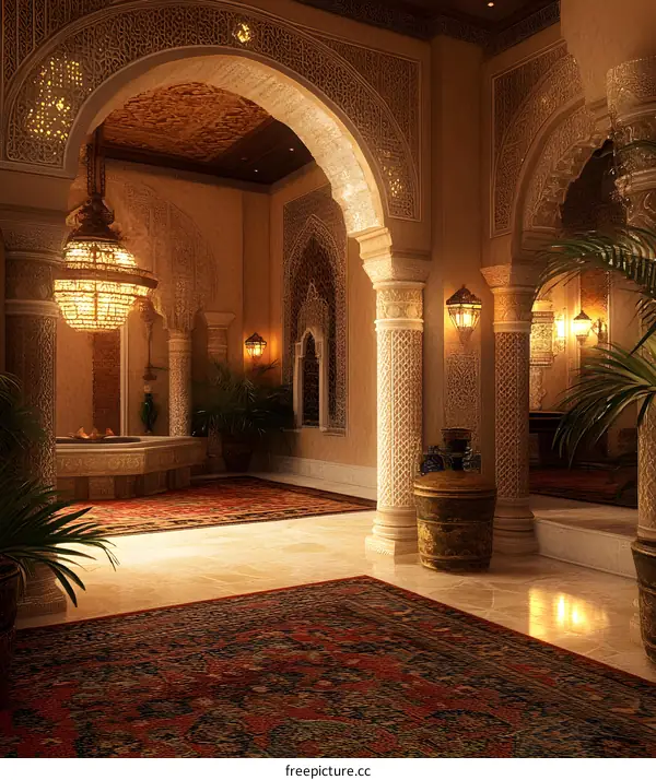 Ornate Interior Design with Archways and Columns in Moroccan Style