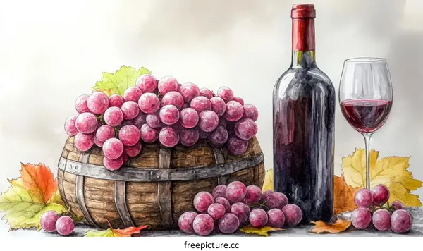 Watercolor Still Life of Grapes, Wine Bottle, and Wineglass