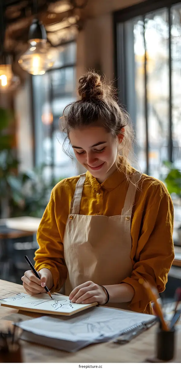 Young Woman Artist Drawing in a Cafe