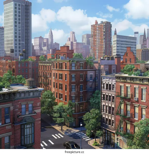 Urban Street View Illustration with Brick Buildings