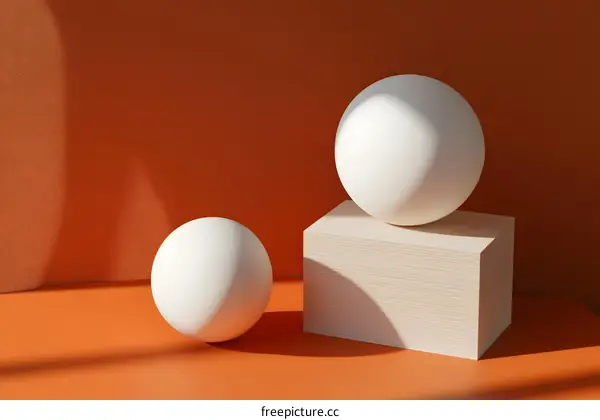 White Spheres and Wooden Block on Orange Background