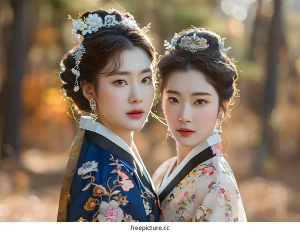 Two Korean women in traditional Korean dress, or Hanbok, with elaborate hairpieces and makeup.