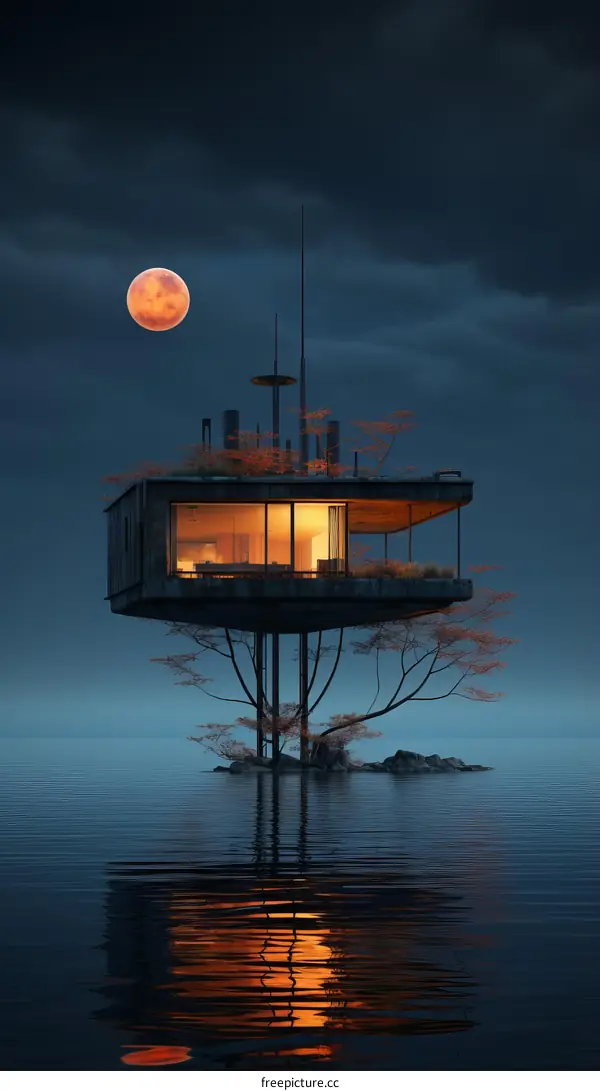 Futuristic House on Stilts Above Water with Full Moon