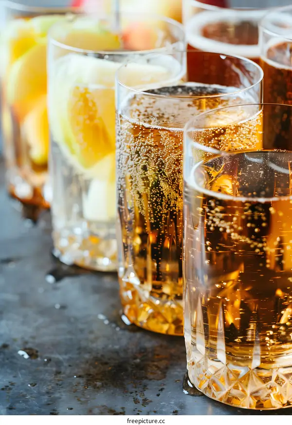 Closeup Of Glasses Of Sparkling Wine On A Grey Surface