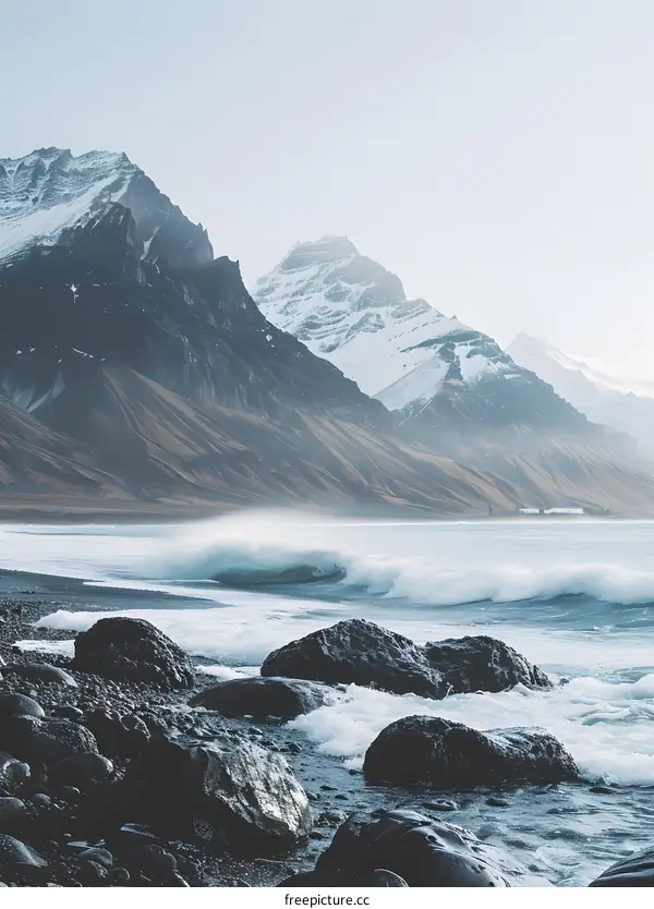 Mountain Range with Snow-capped Peaks Overlooking the Ocean